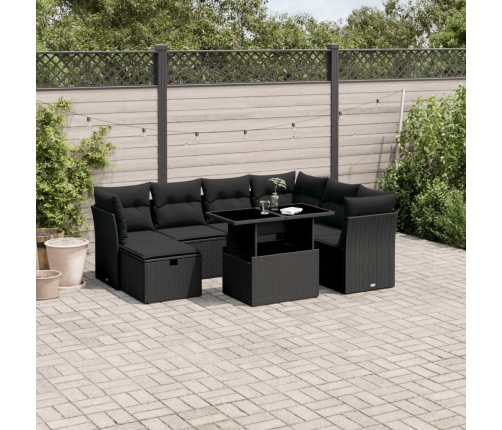 Set de sofás de jardín 8 piezas y cojines ratán sintético negro