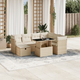 Set de sofás de jardín y cojines 8 piezas ratán sintético beige
