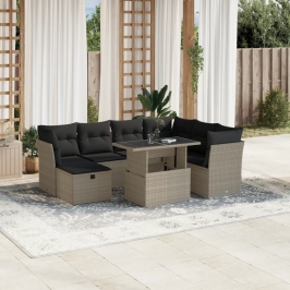 Set de sofás de jardín 8 pzas y cojines ratán sintético gris