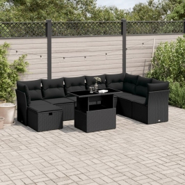 Set de sofás de jardín 8 piezas y cojines ratán sintético negro
