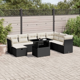 Set de sofás de jardín 8 piezas y cojines ratán sintético negro