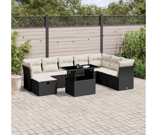 Set de sofás de jardín 8 piezas y cojines ratán sintético negro
