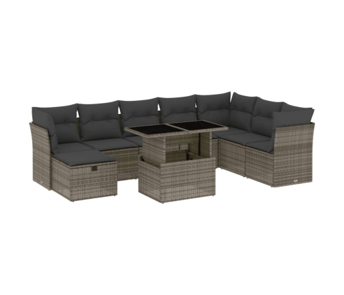 Set de muebles de jardín 9 pzas y cojines ratán sintético gris