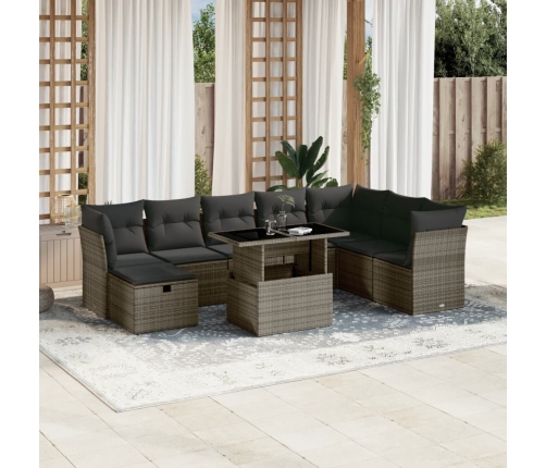Set de muebles de jardín 9 pzas y cojines ratán sintético gris
