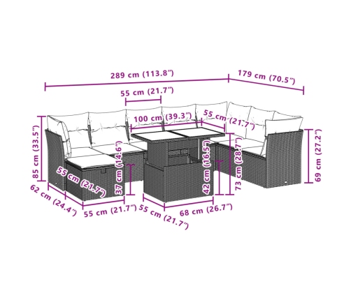 Set muebles jardín 9 pzas y cojines ratán sintético gris claro