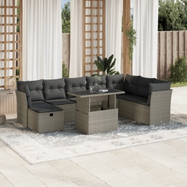 Set muebles jardín 9 pzas y cojines ratán sintético gris claro