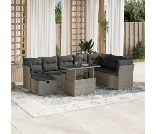 Set muebles jardín 9 pzas y cojines ratán sintético gris claro
