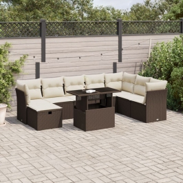 Set de sofás de jardín 9 pzas y cojines ratán sintético marrón