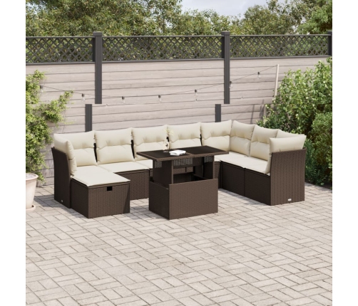 Set de sofás de jardín 9 pzas y cojines ratán sintético marrón