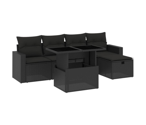 Set de sofás de jardín 6 piezas y cojines ratán sintético negro