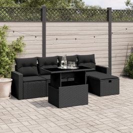 Set de sofás de jardín 6 piezas y cojines ratán sintético negro