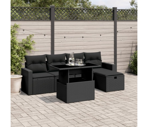 Set de sofás de jardín 6 piezas y cojines ratán sintético negro