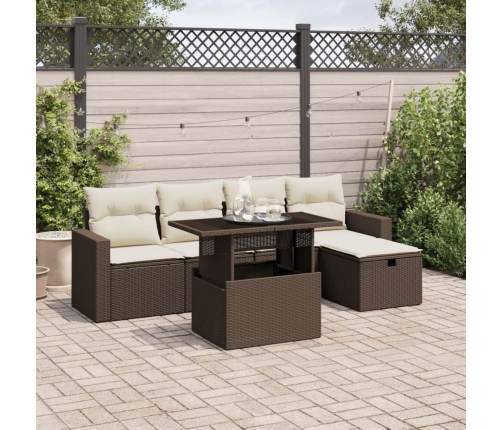 Set sofás de jardín 6 piezas y cojines ratán sintético marrón