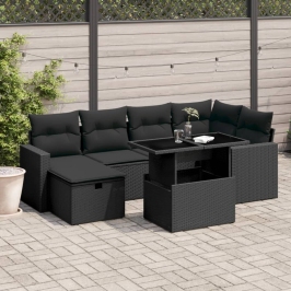 Set de sofás de jardín 7 pzas con cojines ratán sintético negro