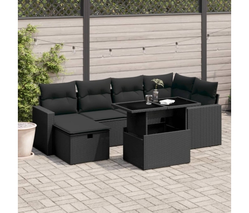 Set de sofás de jardín 7 pzas con cojines ratán sintético negro