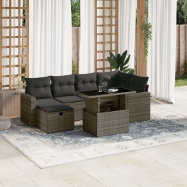 Set de sofás de jardín 7 pzas con cojines ratán sintético gris