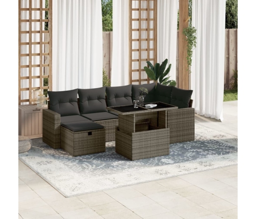 Set de sofás de jardín 7 pzas con cojines ratán sintético gris