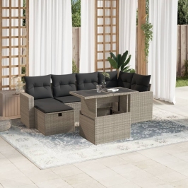 Set de sofás de jardín 7 pzas con cojines ratán PE gris claro