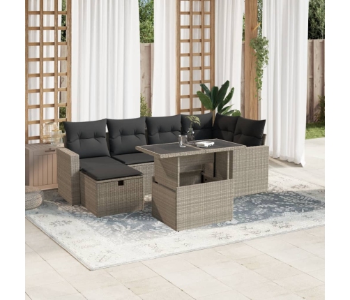 Set de sofás de jardín 7 pzas con cojines ratán PE gris claro