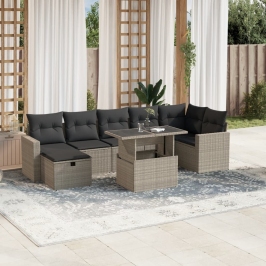 Set de sofás de jardín 8 pzas y cojines ratán sintético gris