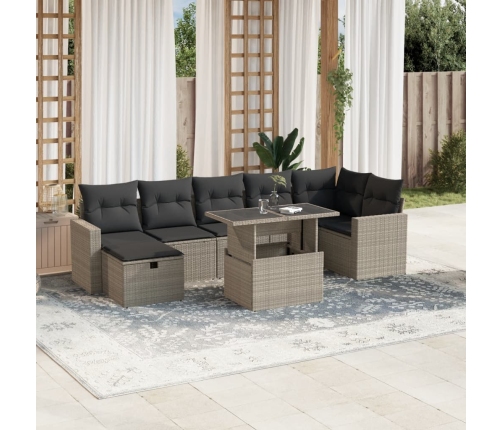 Set de sofás de jardín 8 pzas y cojines ratán sintético gris