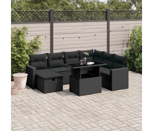 Set de sofás de jardín 8 piezas y cojines ratán sintético negro