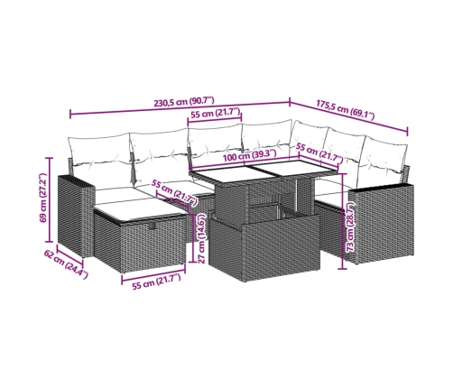 Set de sofás de jardín 8 piezas y cojines ratán sintético negro