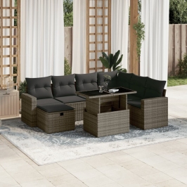 Set de sofás de jardín y cojines 8 piezas ratán sintético gris