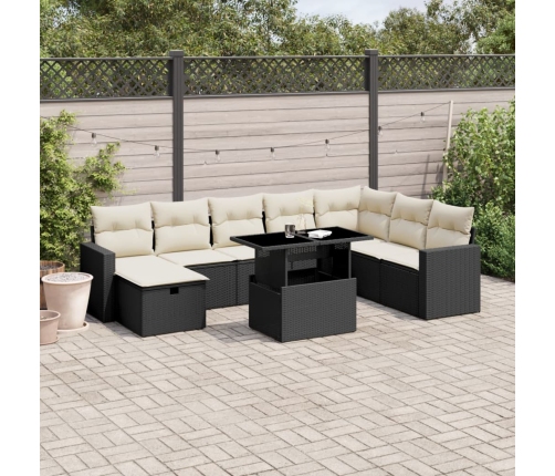 Set de sofás de jardín 8 piezas y cojines ratán sintético negro