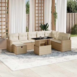 Set de sofás de jardín con cojines 9 pzas ratán sintético beige