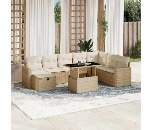 Set de sofás de jardín con cojines 9 pzas ratán sintético beige