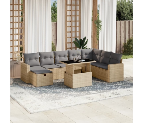 Set de sofás de jardín 9 pzas con cojines ratán sintético beige