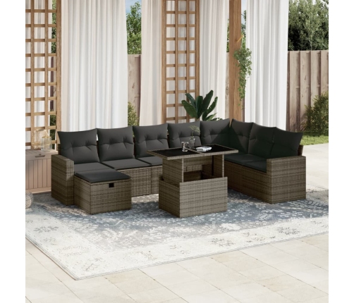 Set de muebles de jardín 9 pzas y cojines ratán sintético gris