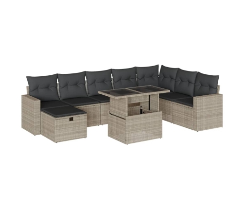 Set muebles jardín 9 pzas y cojines ratán sintético gris claro