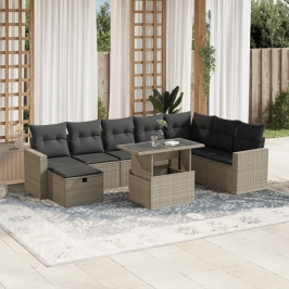 Set muebles jardín 9 pzas y cojines ratán sintético gris claro