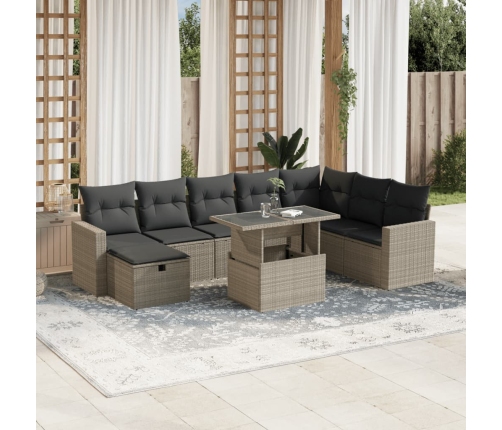 Set muebles jardín 9 pzas y cojines ratán sintético gris claro