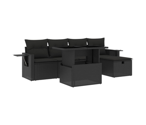 Set de sofás de jardín 6 piezas y cojines ratán sintético negro