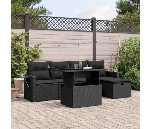 Set de sofás de jardín 6 piezas y cojines ratán sintético negro