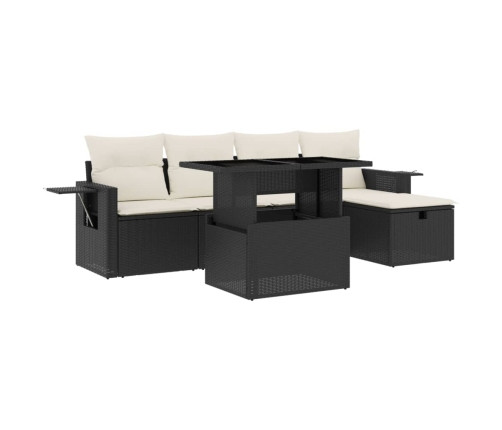 Set de sofás de jardín 6 piezas y cojines ratán sintético negro