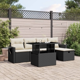 Set de sofás de jardín 6 piezas y cojines ratán sintético negro