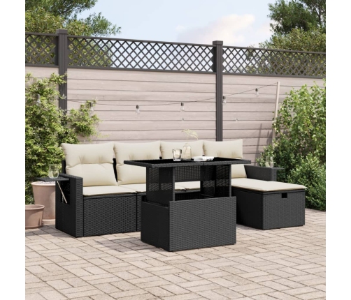 Set de sofás de jardín 6 piezas y cojines ratán sintético negro