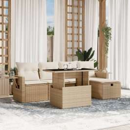 Juego de sofás jardín con cojines 6 pzas ratán sintético beige