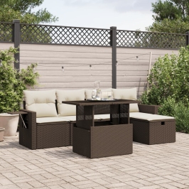 Set sofás de jardín 6 piezas y cojines ratán sintético marrón
