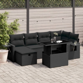 Set de sofás de jardín 7 pzas con cojines ratán sintético negro
