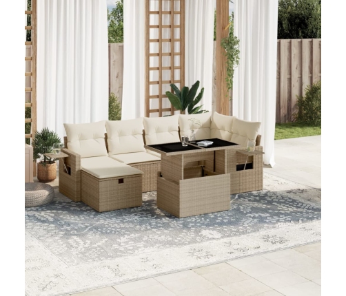 Set sofás de jardín 7 piezas y cojines ratán sintético beige