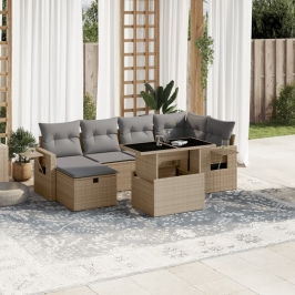 Set sofás de jardín 7 piezas y cojines ratán sintético beige