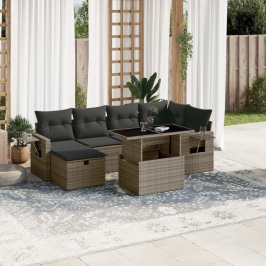Set de sofás de jardín 7 pzas con cojines ratán sintético gris
