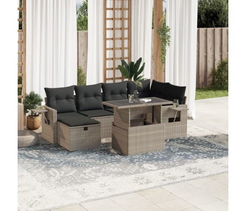 Set de sofás de jardín 7 pzas con cojines ratán PE gris claro