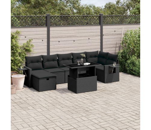 Set de sofás de jardín 8 piezas y cojines ratán sintético negro