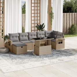 Set de sofás de jardín y cojines 8 piezas ratán sintético beige